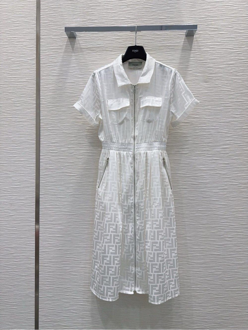 Fendi White Logo-Print Short Sleeve Zip Midi Shirt Dress